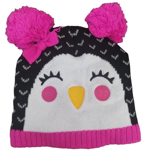 🎂Girly Smiling Penguin Fuzzy Warm Cap Hat Pink Pom Poms - Picture 1 of 4